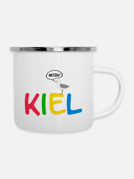 Möwe Pipsch auf Kiel Logo (bunt) - Emaille-Tasse - Weiß