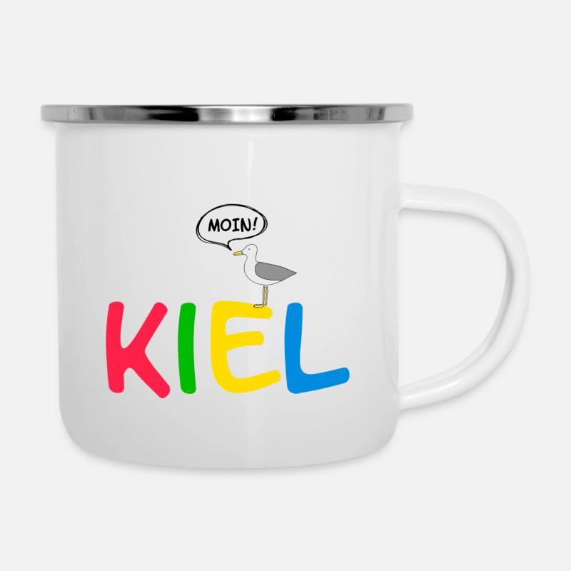 Möwe Pipsch auf Kiel Logo (bunt) - Emaille-Tasse - Weiß