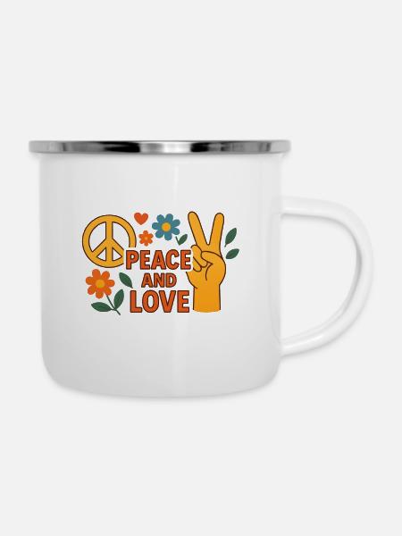 Peace and Love Retro Floral - Emaille-Tasse - Weiß