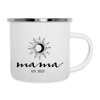 Mama Est. 2023 Mutter Kind Sonne Mond - Emaille-Tasse - Weiß - Rechts
