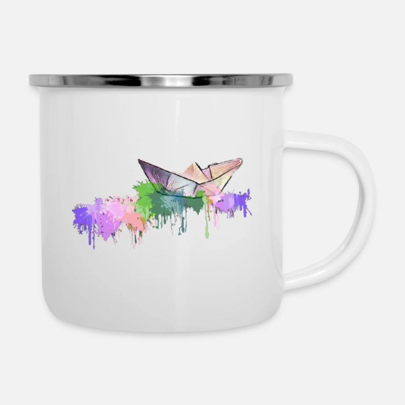 Papierschiffchen mit Farbkleksen - Emaille-Tasse - Weiß