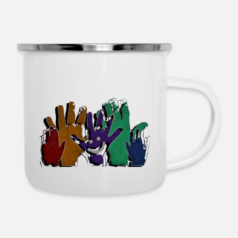 HALLO Hände - grunge style - Emaille-Tasse - Weiß