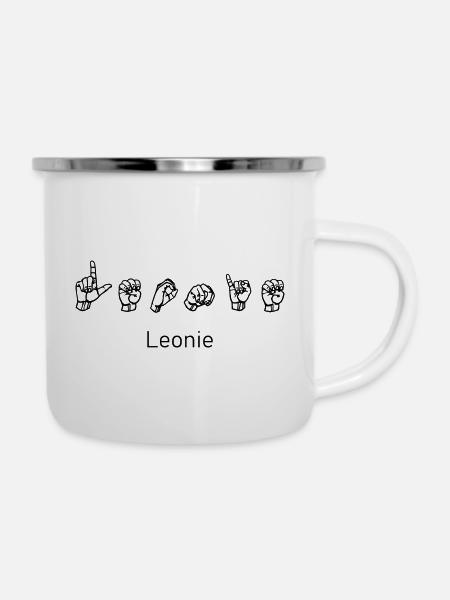 Leonie (Name) - Design mit Gebärdensprache - Emaille-Tasse - Weiß