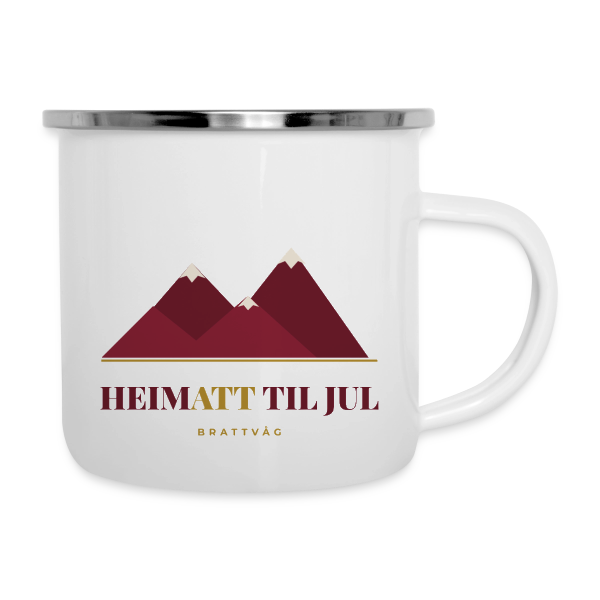Kvit emaljekopp med fjellmerket Heimatt til jul, Brattvåg
