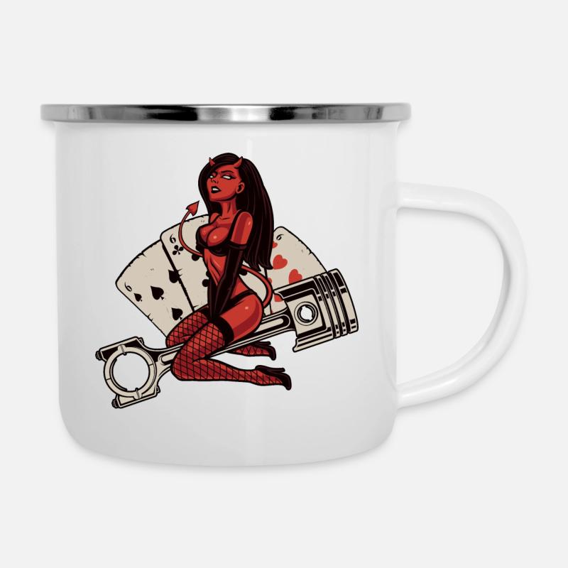 Hot Devil 666 rides on engine piston - Camper Mug - white