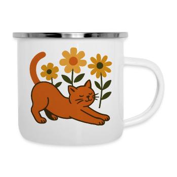 Orangene Katze im Blumenmeer - Emaille-Tasse - Weiß - Rechts