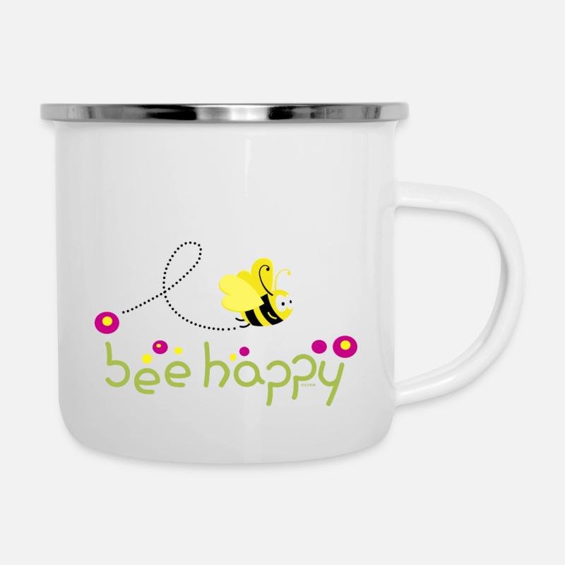 Bee happy bunt - Emaille-Tasse - Weiß