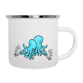 2 Oktopus Flöte Musik spielen Bläschen Band Team - Emaille-Tasse - Weiß - Rechts