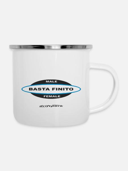 Driftpark - Basta Finito / blau - Emaille-Tasse - Weiß