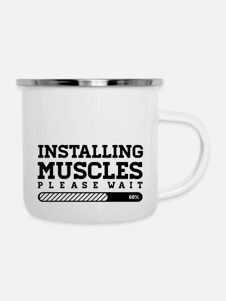 INSTALLING MUSCLES - PLEASE WAIT - Emaille-Tasse - Weiß