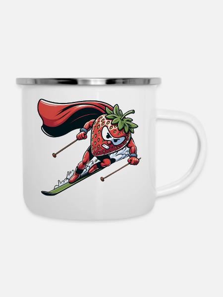 Erdbeer Superheld Beim Skifahren Winterspaß - Emaille-Tasse - Weiß