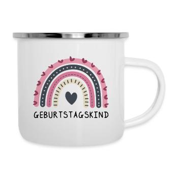 Geburtstagskind | Regenbogen mit Herz | Boho Style - Emaille-Tasse - Weiß - Rechts