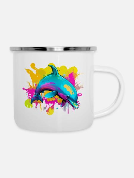 Bunter Delfin - Emaille-Tasse - Weiß