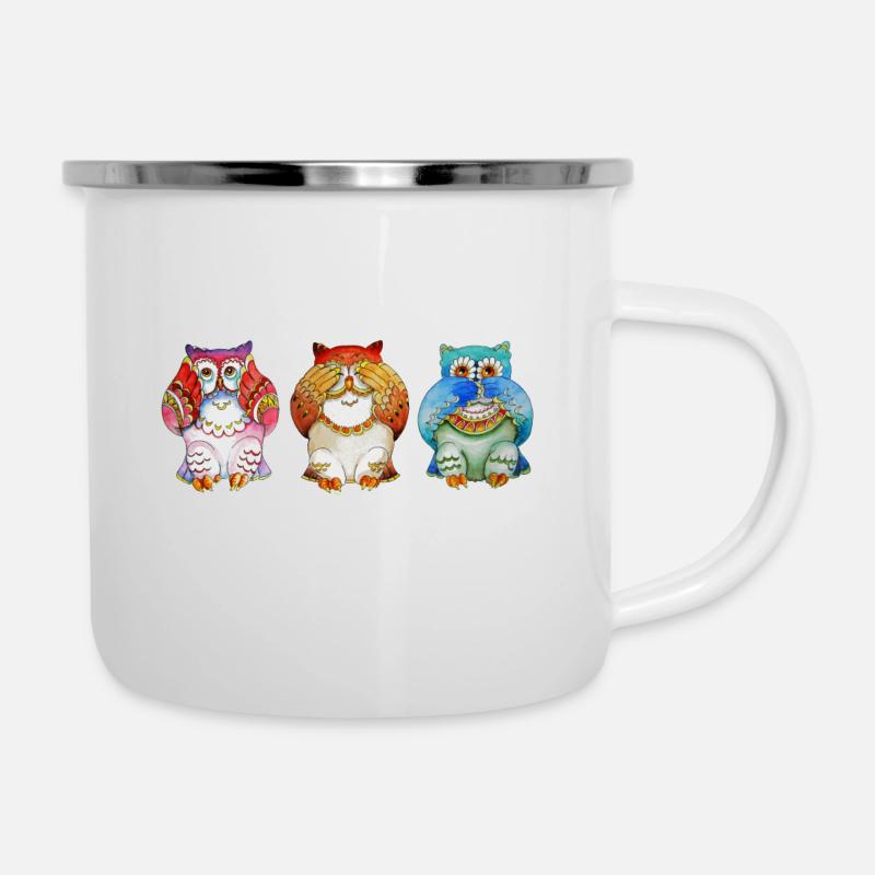 Drei Eulen - Schwester - Emaille-Tasse - Weiß