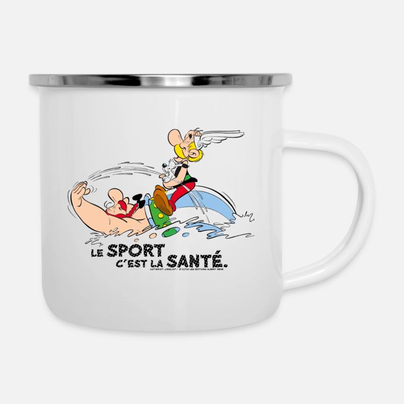 Asterix und Obelix schwimmen mit Idéfix - Emaille-Tasse - Weiß