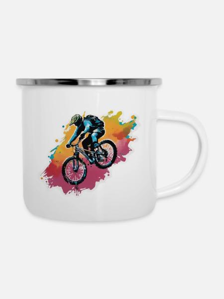Mountainbike bergab durch Farbspritzer - Emaille-Tasse - Weiß