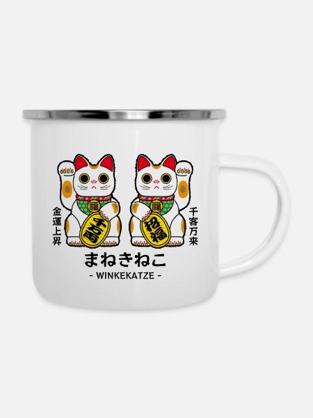 Manekineko - Winkekatze - Emaille-Tasse - Weiß