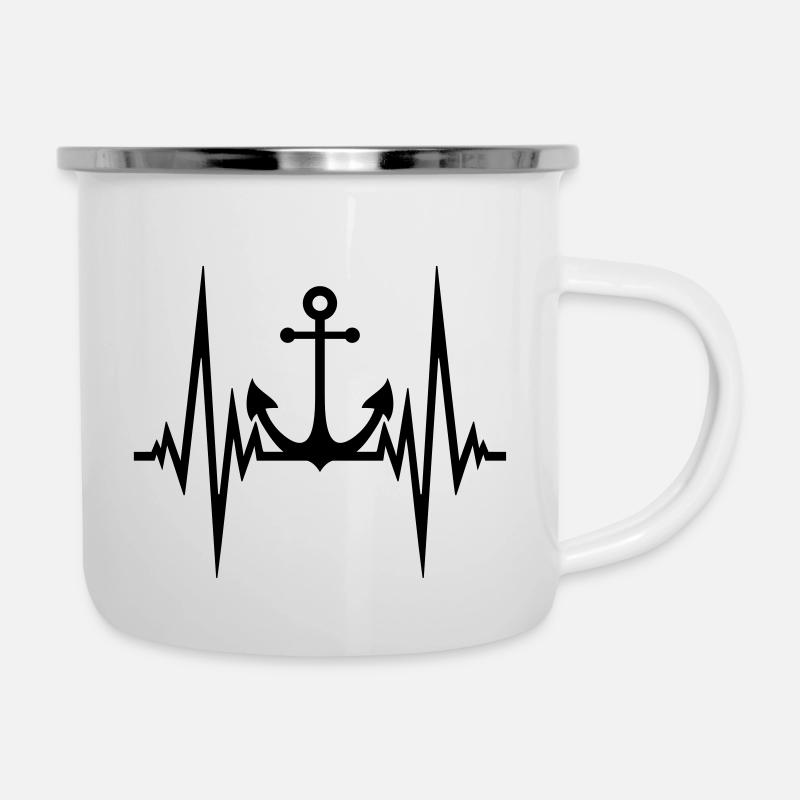 herzschlag puls frequenz anker boot schiff schwimm - Emaille-Tasse - Weiß