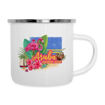 Aruba Retro Karibik Insel mit Flamingo Vintage - Emaille-Tasse - Weiß - Rechts