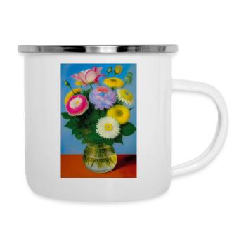 Blumen in einer Vase - Emaille-Tasse - Weiß - Rechts