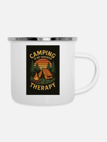 Camping is Therapy - Emaille-Tasse - Weiß