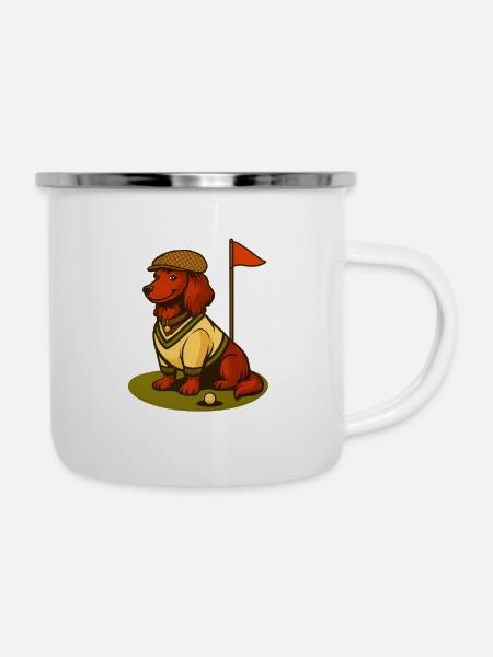 Golf Dackel im Retro-Outfit mit Fahne. - Emaille-Tasse - Weiß