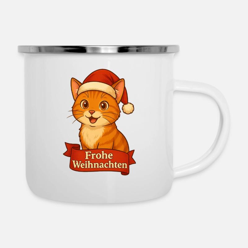 Katzenweihnachtskater mit Santa-Hut - Emaille-Tasse - Weiß