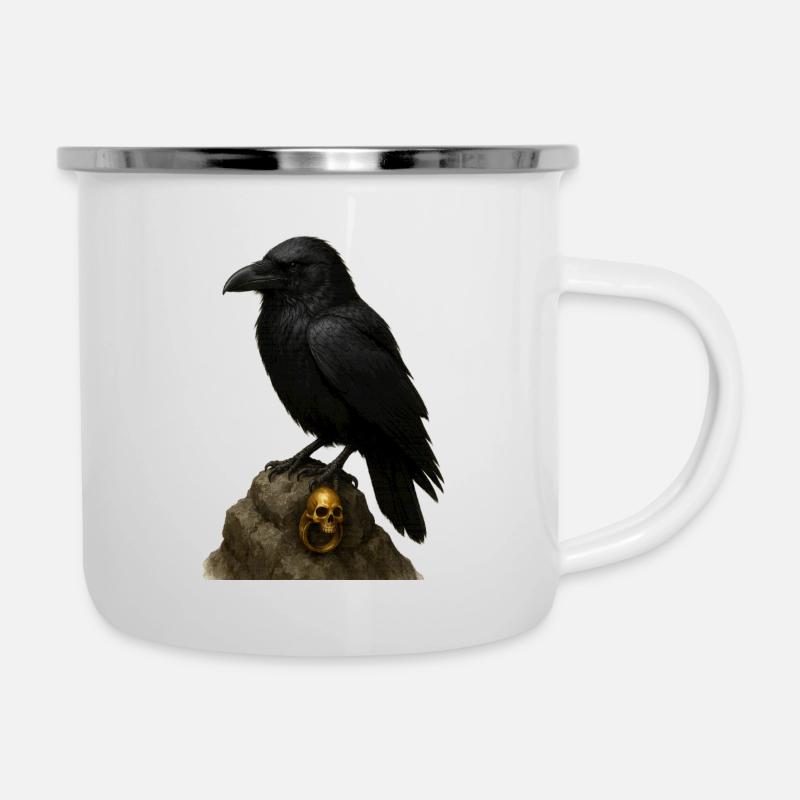 Corbeau sur roche et crâne doré - Tasse émaillée - blanc