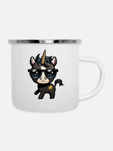 Schwarzes Einhorn - Emaille-Tasse - Weiß