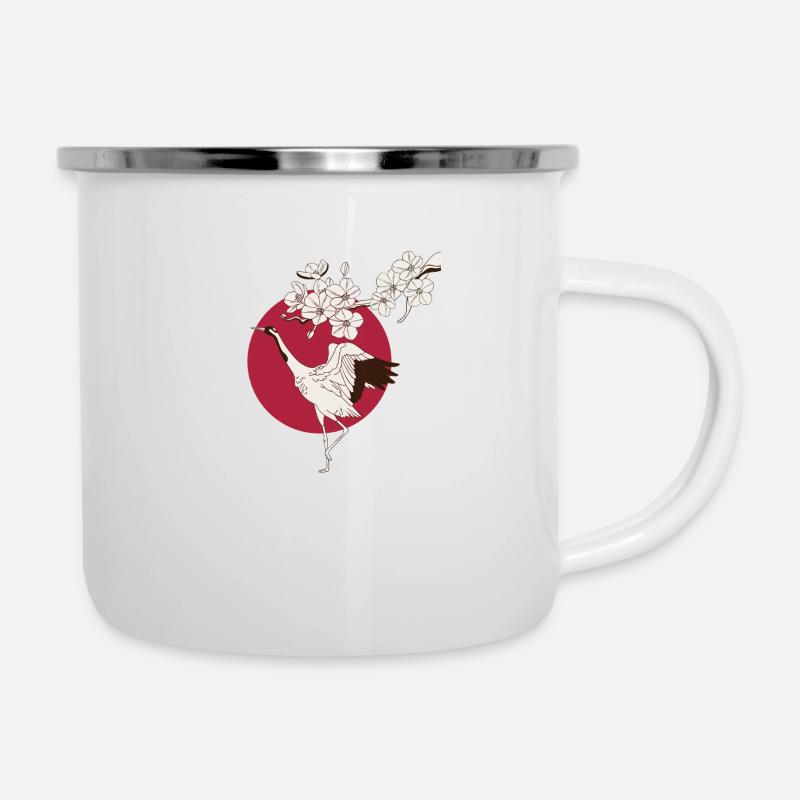 Japanischer Kranich mit Sakura - Emaille-Tasse - Weiß