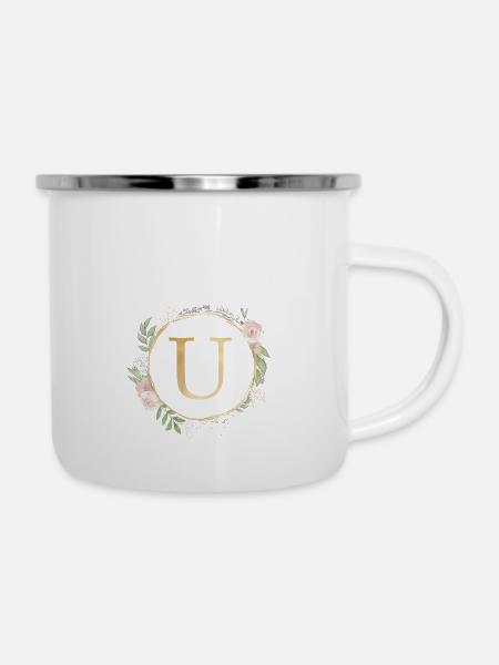 Personalisierbar Monogramm U Floral - Emaille-Tasse - Weiß