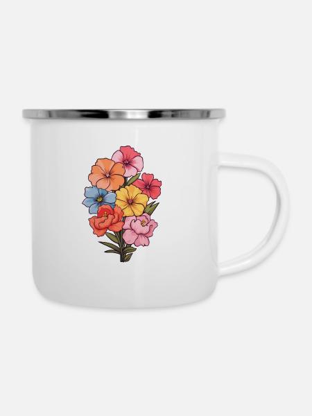 Blumen, Blumenstrauß - Emaille-Tasse - Weiß