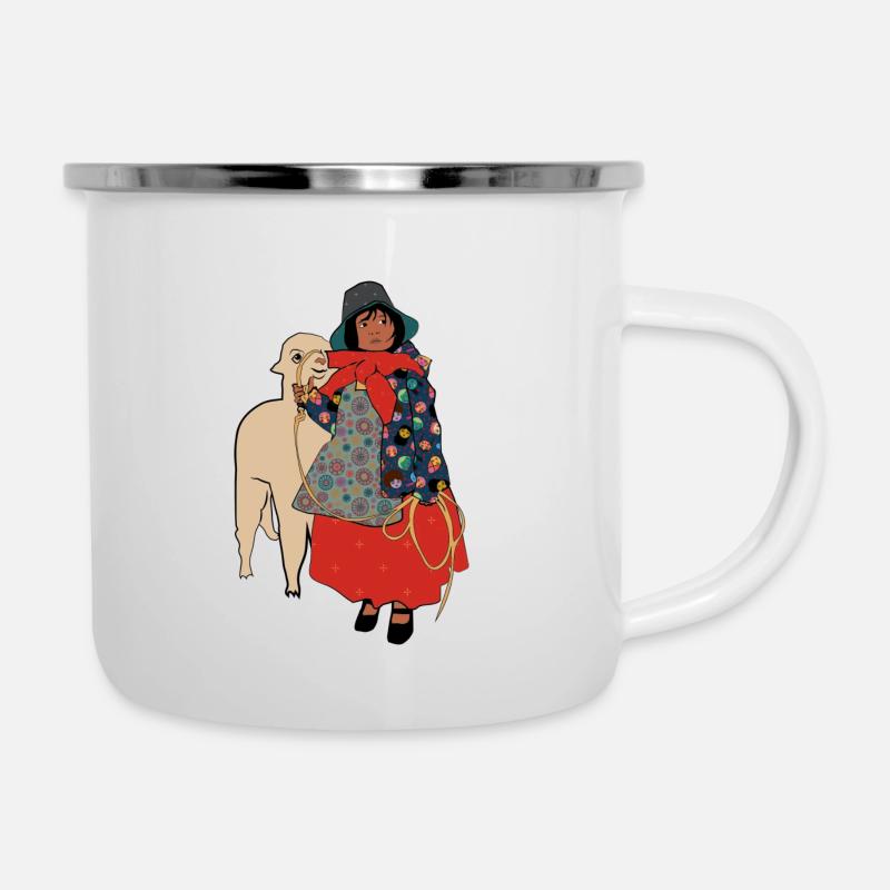 Mädchen mit Lama - Emaille-Tasse - Weiß