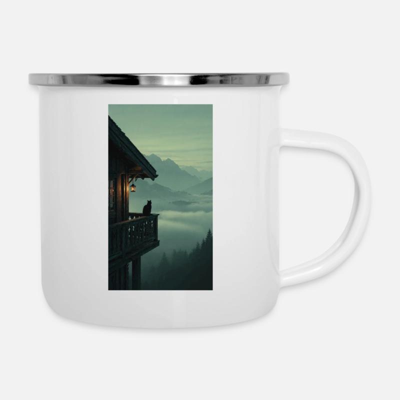 Black Cat on Mountain Balcony – Asian Zen Design - Camper Mug - white