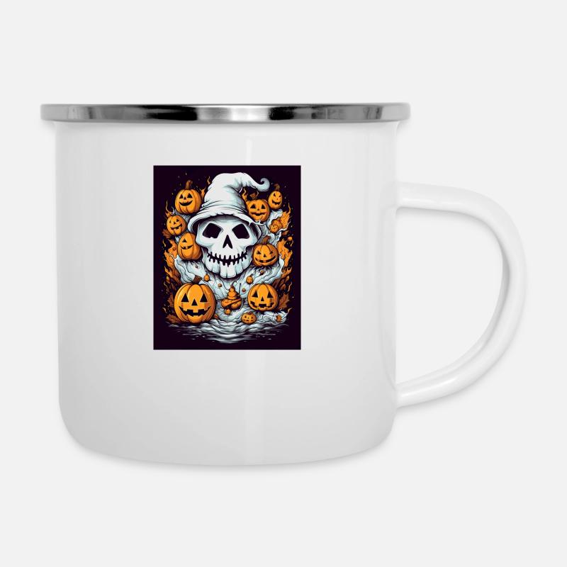 dead witch skull with halloween pumpkins - Camper Mug - white