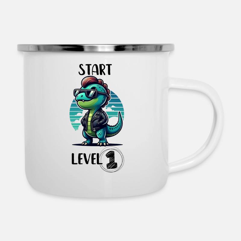 Start Level 1 - Dino Einschulung - Emaille-Tasse - Weiß