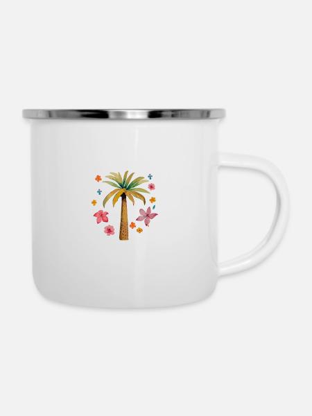 Palmier et fleur - Tasse émaillée - blanc
