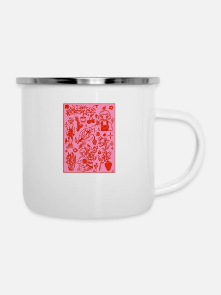 Design Pflanzen in Pink/Rot - Emaille-Tasse - Weiß
