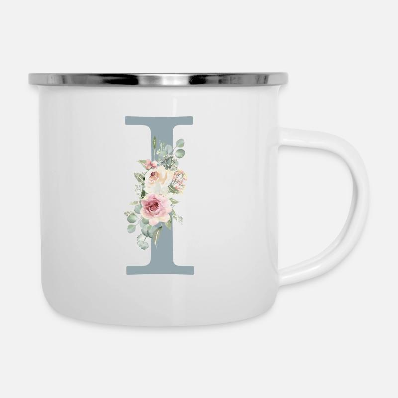 I| Monogramm | Eukalyptus-Pastell-Blumen-Blau - Emaille-Tasse - Weiß