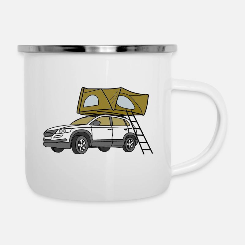 Auto mit Dachzelt - Emaille-Tasse - Weiß