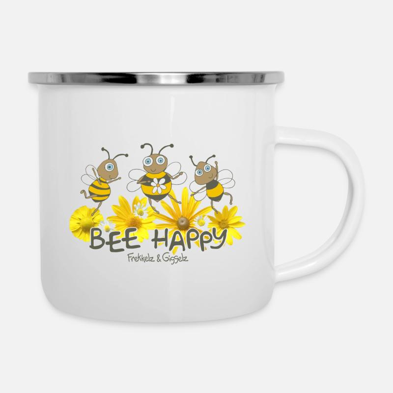 Bee Happy - Emaille-Tasse - Weiß