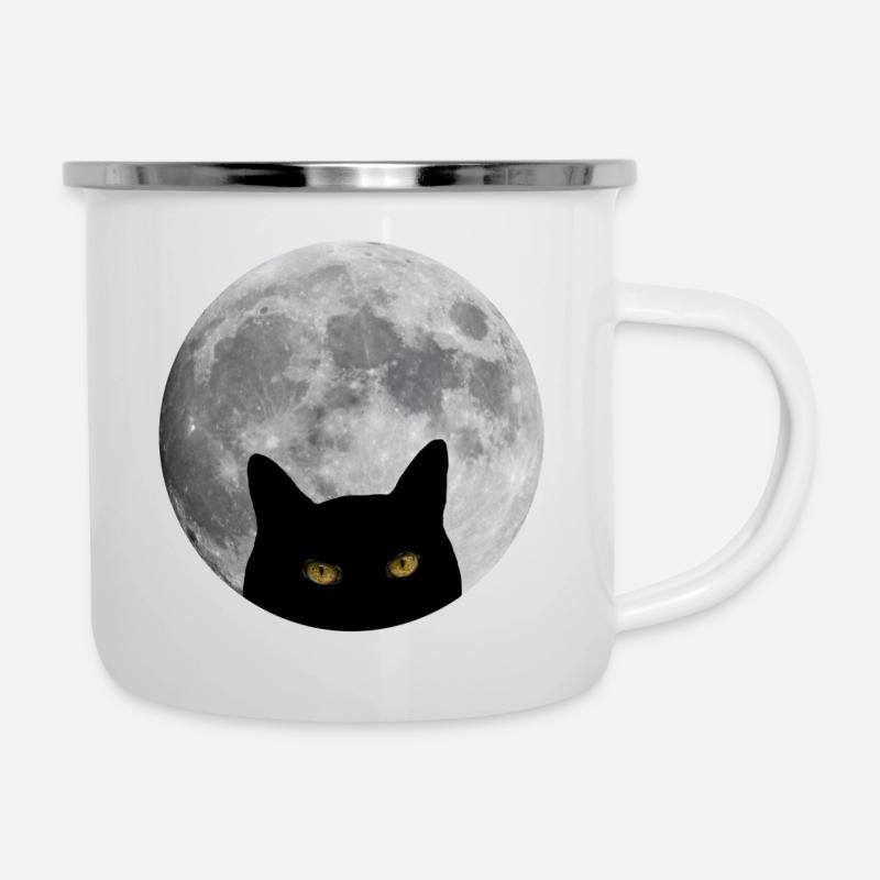 Katze im Mond - Emaille-Tasse - Weiß