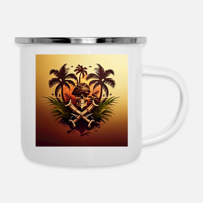 Crâne et os croisés Crâne de pirate devant les palmiers - Tasse émaillée - blanc