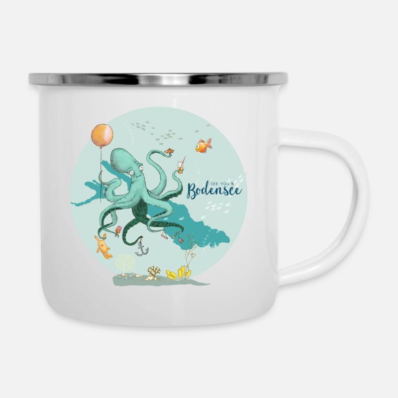 Bodensee-Party mit Oktopus - Emaille-Tasse - Weiß