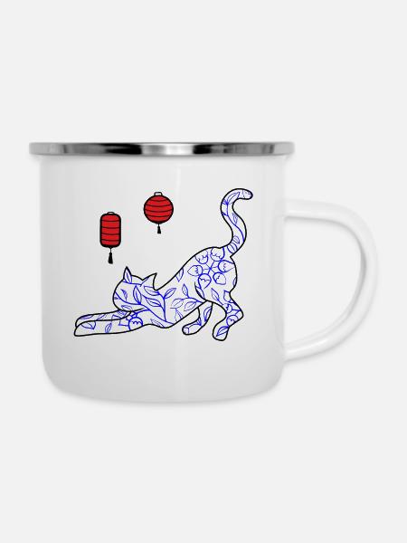 Asian Flower Cat - Emaille-Tasse - Weiß