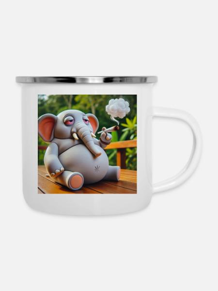 Kiffender Elefant mit Joint - Emaille-Tasse - Weiß