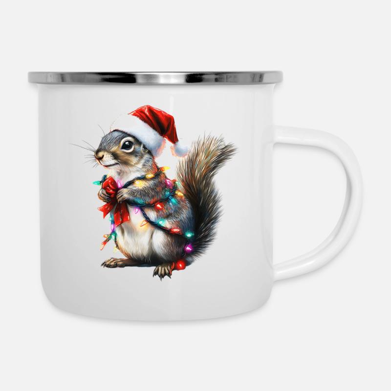 Eichhörnchen mit Lichterkette - Weihnachtspullover - Emaille-Tasse - Weiß