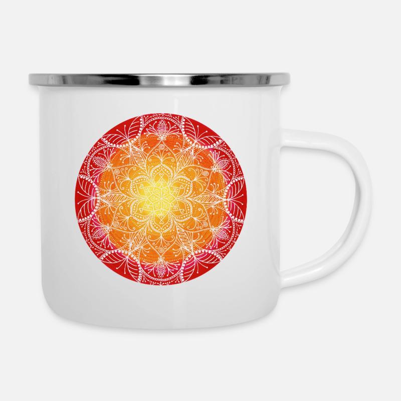 Feuerblüte – Mandala der Kraft & Energie - Emaille-Tasse - Weiß