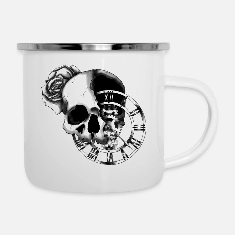 Skull and Clock - Emaille-Tasse - Weiß