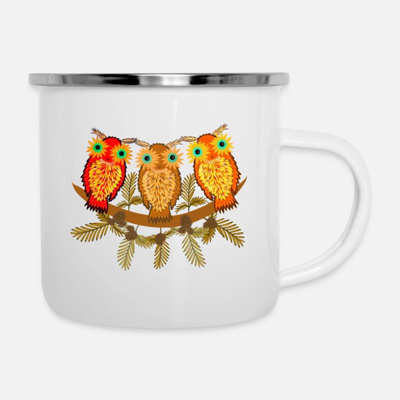 Three colorful owls with pine tree branches - Camper Mug - white